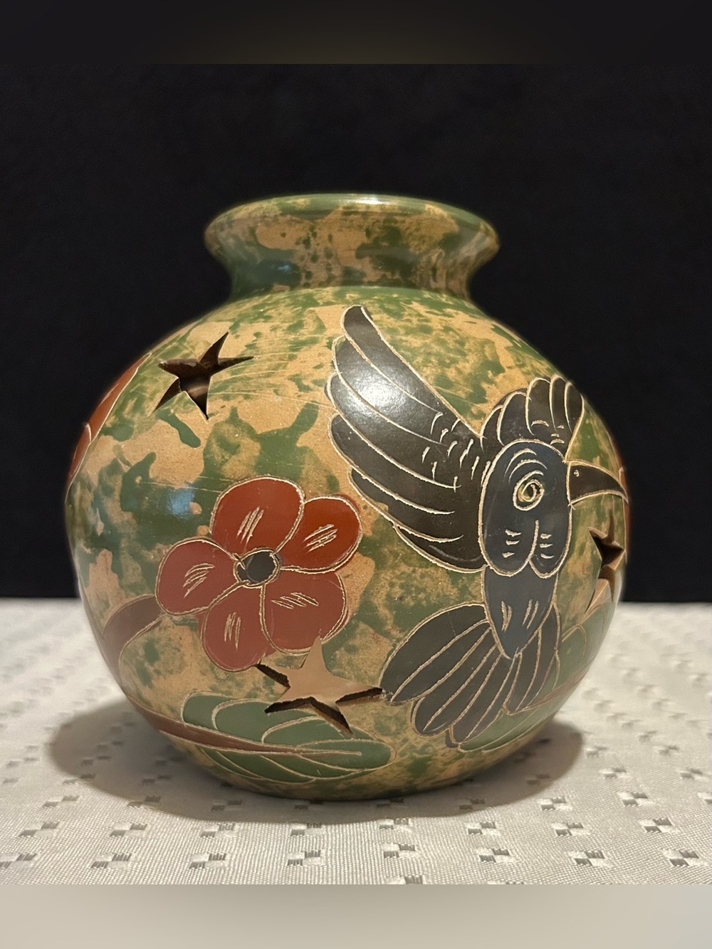 Nicaraguan Carved Pottery Candle Luminary Tea Light Cover  Humming Bird Flowers